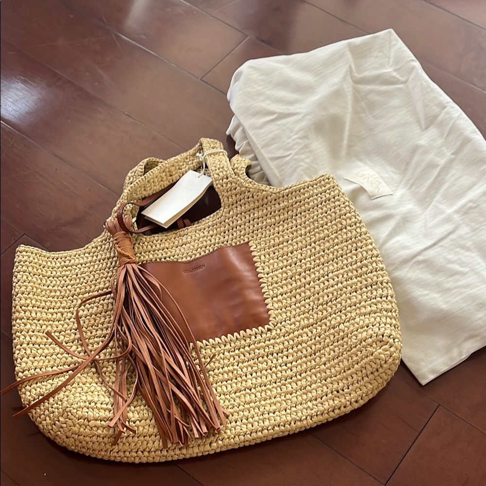 NEW Ulla Johnson Kamari Raffia and Leather Tassel Tote